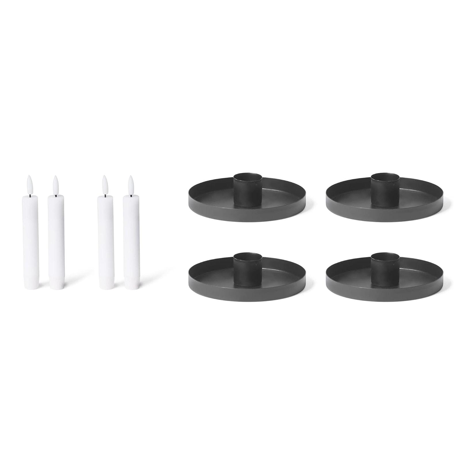 4er-Set Kerzenhalter Stabkerzen SCHWARZ Durchmesser 14cm mit Stabkerze Batteriebetrieben flammenlos Adventskranz Candle Holder weihnachtliche Tischdekoration Kerzenteller Kerzenständer