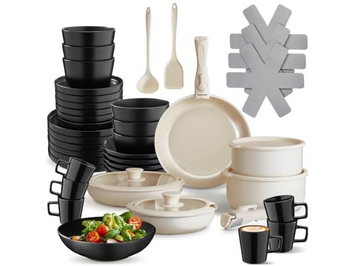 tectake® Küchenstarterset 6 Personen, Steingut Geschirr Set, Teller, 3 Pfannen, 2 Töpfe, rostfreies Aluminium, Kochtopf Set, Töpfe Set, kratzfest, inkl. 5 Küchenwerkzeuge - schwarz/weiß, 46-tlg.