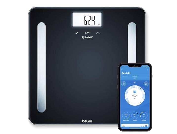 Beurer BF 600 Diagnosewaage schwarz, Messung von Körperfett, Körperwasser, Muskelanteil und Knochenmasse, mit App-Anbindung