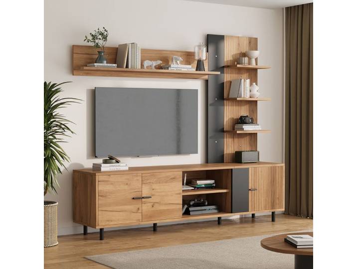 Ensemble Meuble TV - Meuble TV avec 3 Armoires et Espaces Ouverts Compatible TV Jusqu'à 80  Design Naturel et Noir