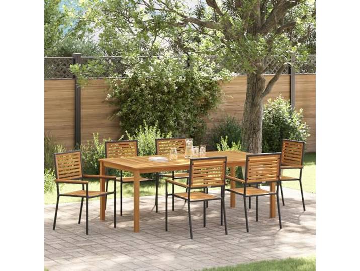HEFZGDB Garten Esszimmer Set Outdoor mit 6 Stühlen, Rechteckiger Holztisch und Metallgestell für Terrasse, Balkon, Langlebig und Einfache Pflege