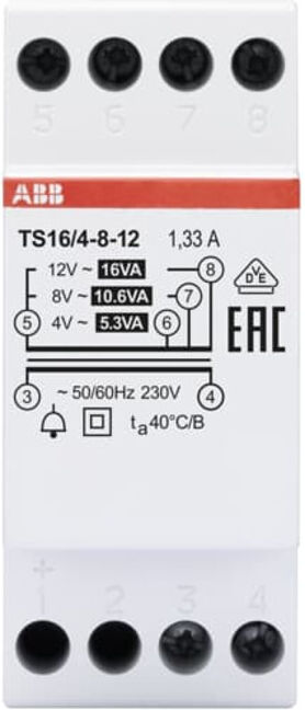 ABB Transformateur de sonnette TS16/4-8-12 16VA 4-8-12VAC (2CSM228625R0812)