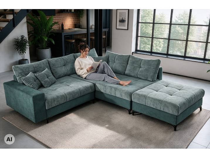 Ecksofa KENT 220cm petrol Bicolor Chenille Federkern inkl. Hocker und Kissen L-Form Wohnzimmer Modern & Design