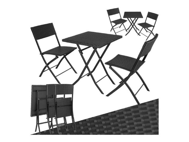 tectake Sitzgruppe Rattan Balkonset für 2 Personen, geringes Gewicht, (Loungeset Trevi, 3-tlg., für Außen in Schwarz), widerstandsfähig, UV-beständig, klappbar