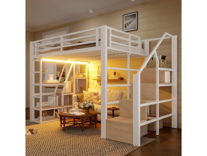 Lit mezzanine - MODERNLUXE - 140x200 cm - LED - Rangement - Sécurité - Blanc