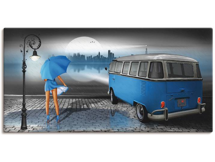 Wandbild ARTLAND Regennacht in Blau mit Bulli T1 , blau (farbe bild(er): blau), B:100cm H:50cm, Bilder, Wandbild, als Leinwandbild, Poster in verschied. Grössen