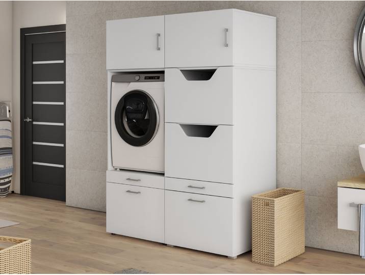 Meuble WASHING 1 machine avec armoire linge blanc avec 2 surmeubles
