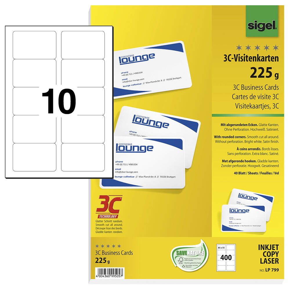SIGEL Visitenkarten 225 g/m² satiniert hochweiß LP799