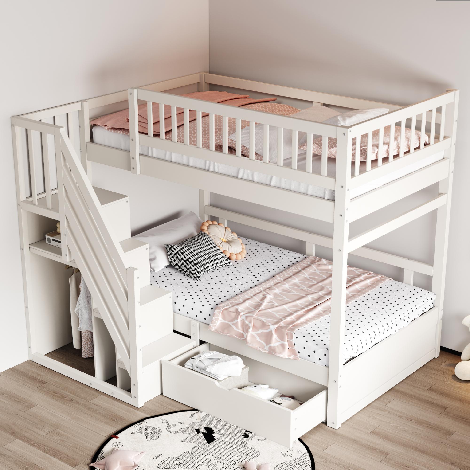 MODFU Etagenbett 90x200 Bettgestell rmit Lattenrost und Stauraum,mit Leiter und Hohem Sicherheitsgitte,Jugendbett mit Stauschubladen,ohne Matratze,Grau
