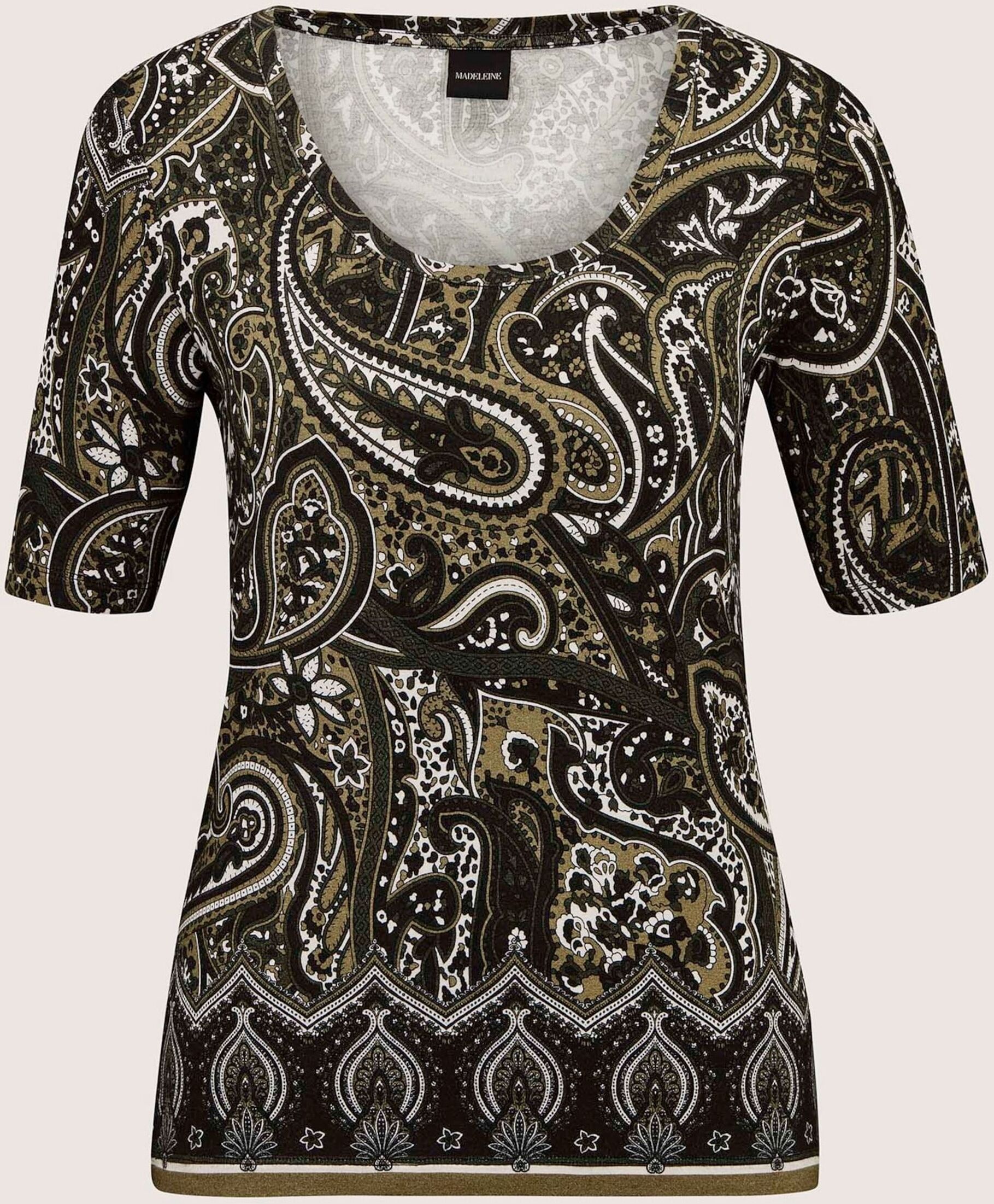 Kurzarmshirt MADELEINE "Shirt Shirt mit Paisley-Druck", Damen, Gr. 42, perlweiß, schilf, multicolor, Modern, gerade, Rundhals, Shirts Kurzarmshirt