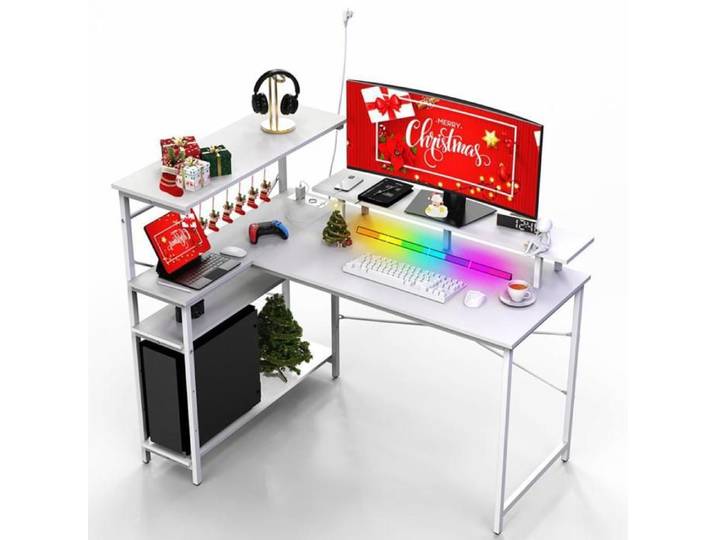Bureau Gaming Avec Prise - Bureau Gamer Informatique Ergonomique - Table gaming d'angle avec étagères de rangement
