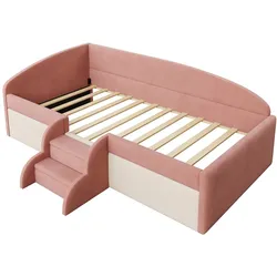 MODFU Polsterbett 90x190 cm, Multifunktionsbett in Rosa+Cremeweiß, Hautfreundlicher Samtstoff, Mit Sicherheitsschutz