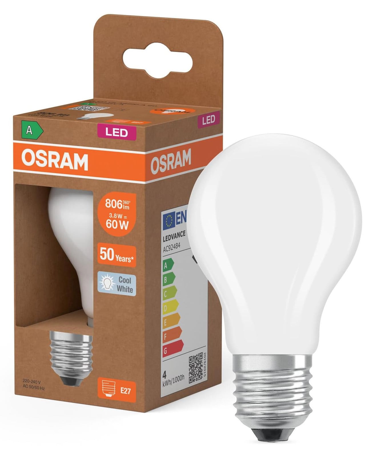 Osram LED Gloeilamp A60 E27 Filament Neutraal Wit 4000K 3,8W