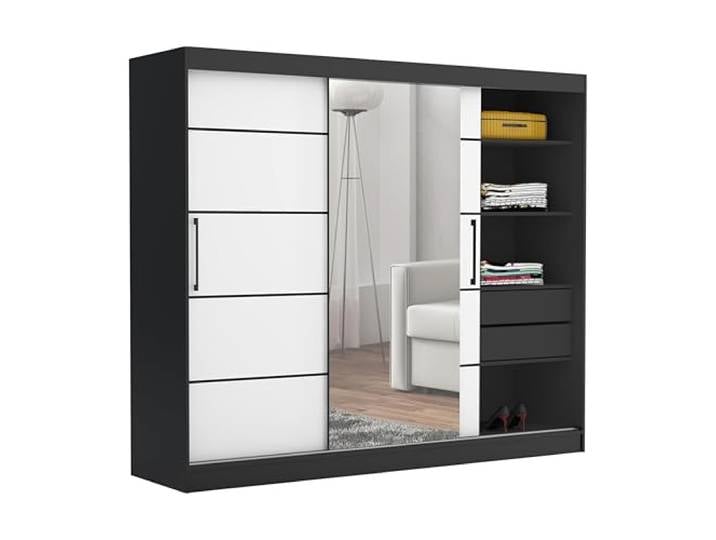Brent - Kleiderschrank mit Spiegel und Schubladen 235cm Breit Chelsea Tomy, Schwebetürenschrank mit Spiegel, Schlafzimmerschrank, Kleiderschrank Schwarz/Weiß