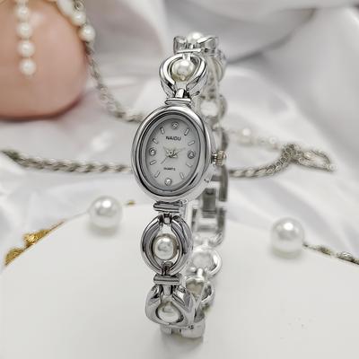 Fusion Finds Elegant Women's Bracelet Watch With Oval Quartz Dial & Pearl Style Bracelet silver White