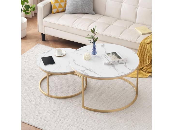 Table basse Rosahqnda aspect marbre, cadre rond doré/noir, lot de 2, table empilable moderne pour salon, table d'appoint pour salon