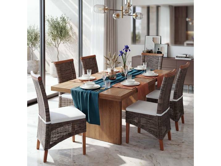 6er-Set Esszimmerstuhl Savona, Stuhl Küchenstuhl, Rattan mit Sitzkissen
