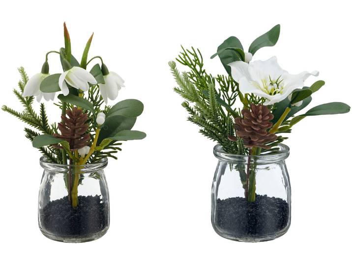 Winterliche Kunstpflanze CREATIV GREEN Schneeglöckchen und Christrose , grün (weiß), H:20cm, Polyester, Kunstpflanzen, Winterliche Kunstpflanze, im attraktiven Glasgefäß