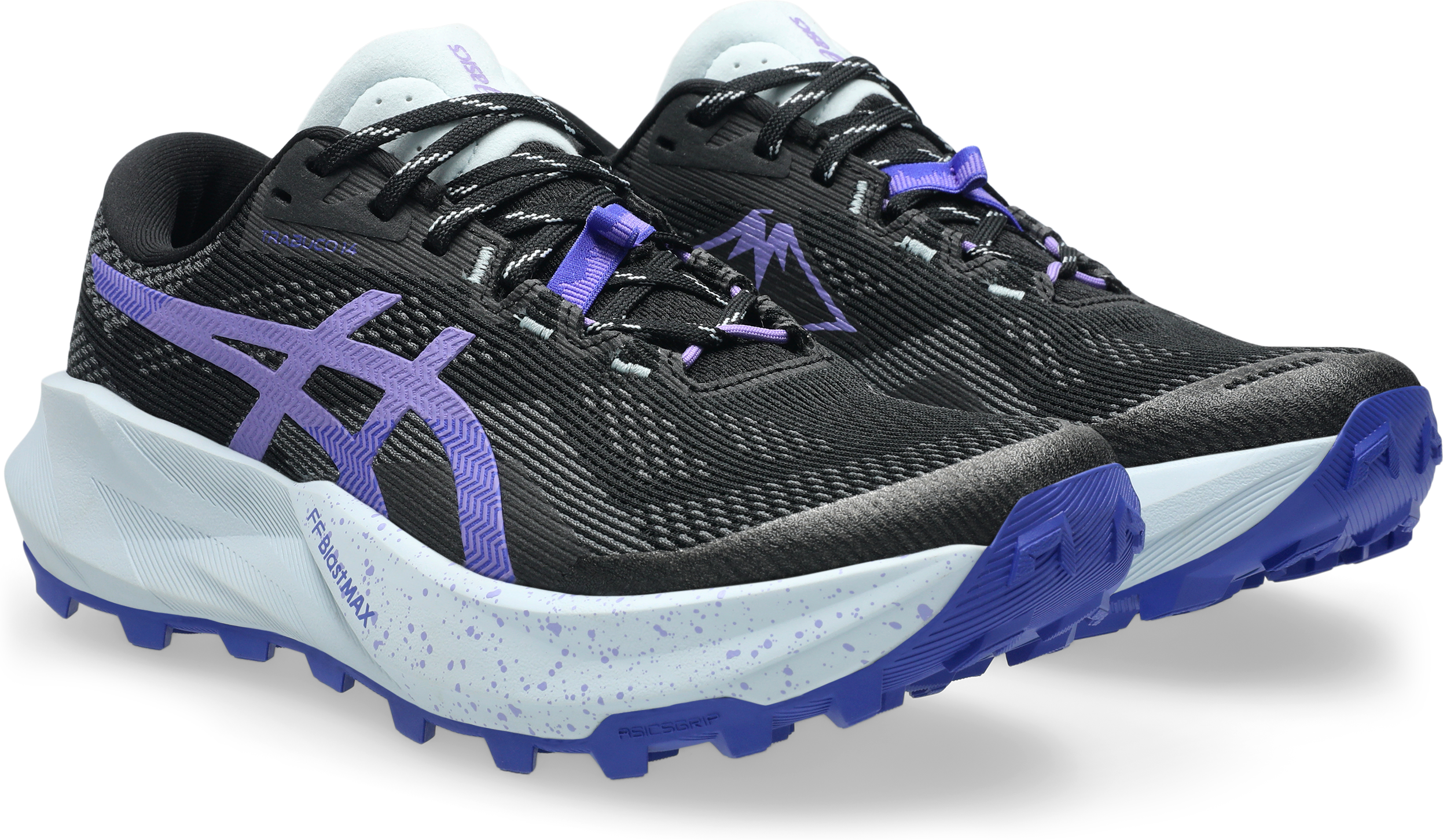 Trailrunningschuh ASICS "TRABUCO 14", Damen, Gr. 43,5, schwarz (schwarz, amethyst), Synthetik, Schuhe Trailrunningschuh, für mehr Grip schwarz, amethyst 43,5