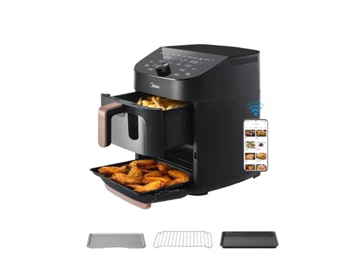 Midea Vertikale Luftfritteuse Doppelzone, 10 in 1, 11 l, 2400 W 2 Schubladen 5 l & 6 l, antihaftbeschichtete Komponenten, spülmaschinenfest, Wi-Fi-Konnektivität, kompatibel mit App, Schwarz
