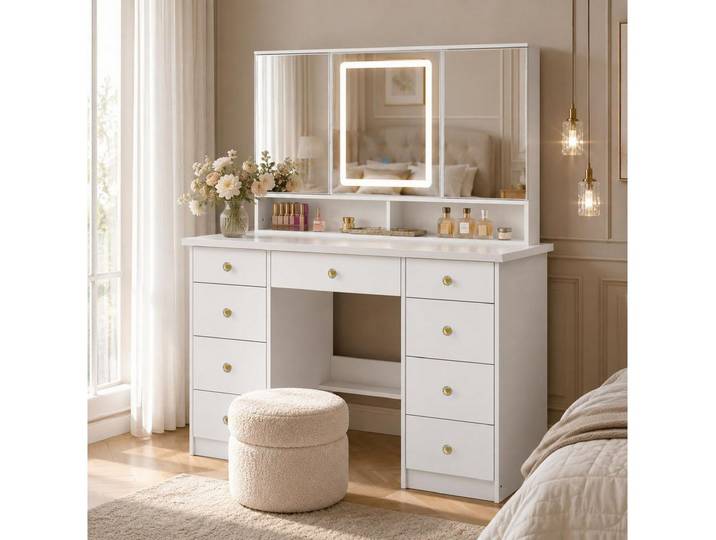 FUFU&GAGA Schminktisch 100-110cm LED-Spiegel Frisiertisch Weiß, Schubladen