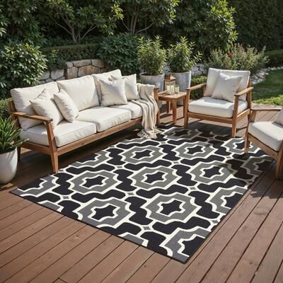 Style Haven Marianna Geometric Tile Black/ Grey Loop Pile Indoor Outdoor Area Rug