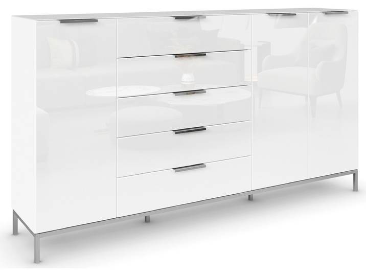Kombikommode RAUCH Kommode Türkommode Sideboard Kombikommode FLIPP mit Glasfront , weiß (alpinweiß, glas kristallweiß), B:200cm H:110cm T:42cm, Holzwerkstoff, Sideboards, Kombikommode, 3-türig, 5 Schubladen, Soft-Close-Funktion, Oberboden und Front Glas
