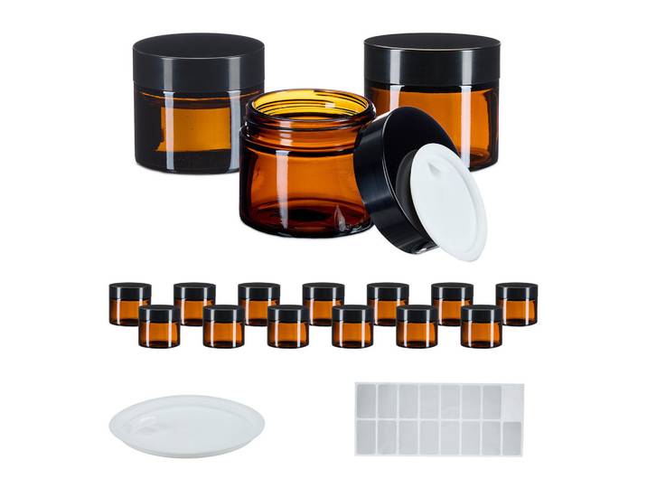 Relaxdays Salbentiegel Braun Schwarz Braunglas 16er-Set 60 ml, Glas, Kunststoff, Rund, 5.5x5x5.5 cm, Badaccessoires, Sonstige Badaccessoires