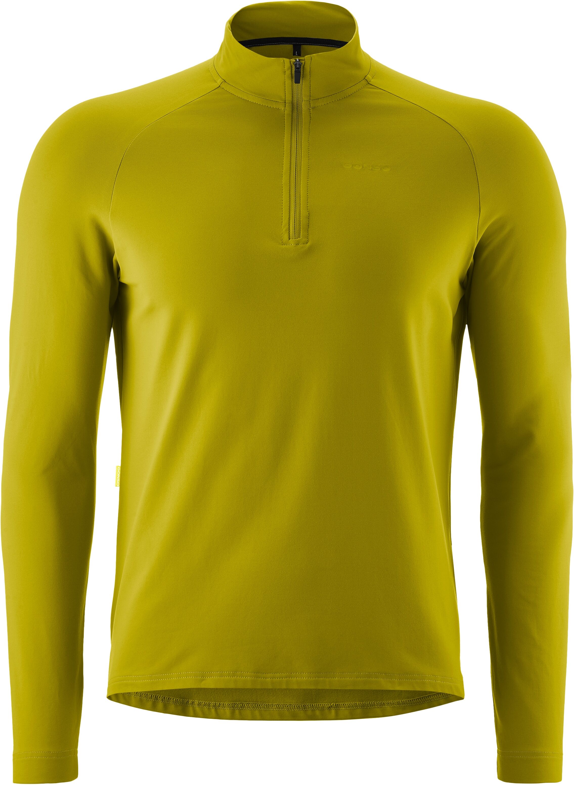 Radtrikot GONSO "Essential Jersey Longsleeve M", Herren, Gr. 3XL, gelb (dunkelgelb), 86% Polyester, 14% Elasthan, hoch geschlossener Ausschnitt, Trikots Radtrikot, Herren Fahrradtrikot langarm, Midlayer Trikot dunkelgelb 3XL