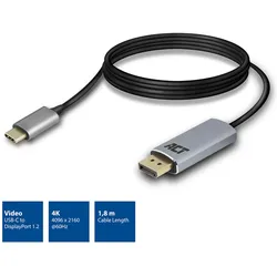 ACT USB Typ C — DisplayPort (1.80 m), Videokabel, Schwarz, Grau