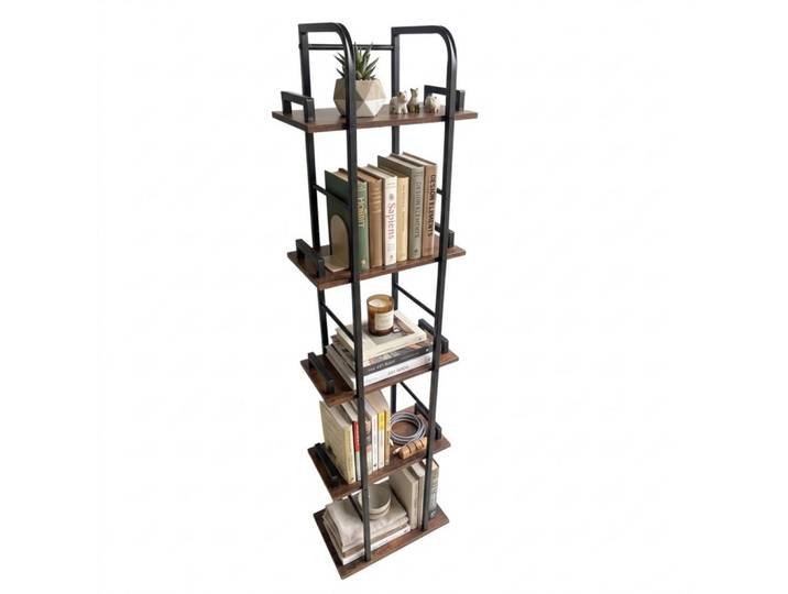 Relaxdays Standregal Holzoptik Vintagebraun 5 Ebenen, Braun, Metall, Holzwerkstoff, 38x143x24 cm, Wohnzimmer, Regal, Bücherregale