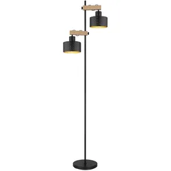 Stehlampe Stehleuchte höhenverstellbar Wohnzimmerlampe Holzoptik schwarz gold, Metall MDF, 2x E27, LxH 44x168 cm