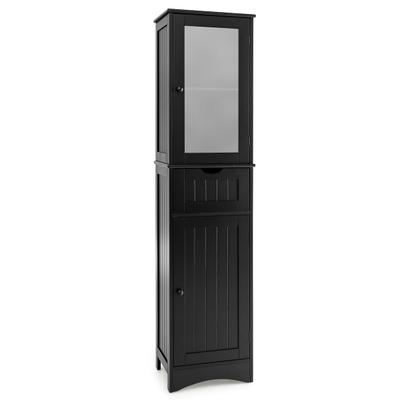 COSTWAY 170cm Hochschrank Bad mit Schublade, verstellbaren Ablagen & Milchglastür, Holz, Schwarz