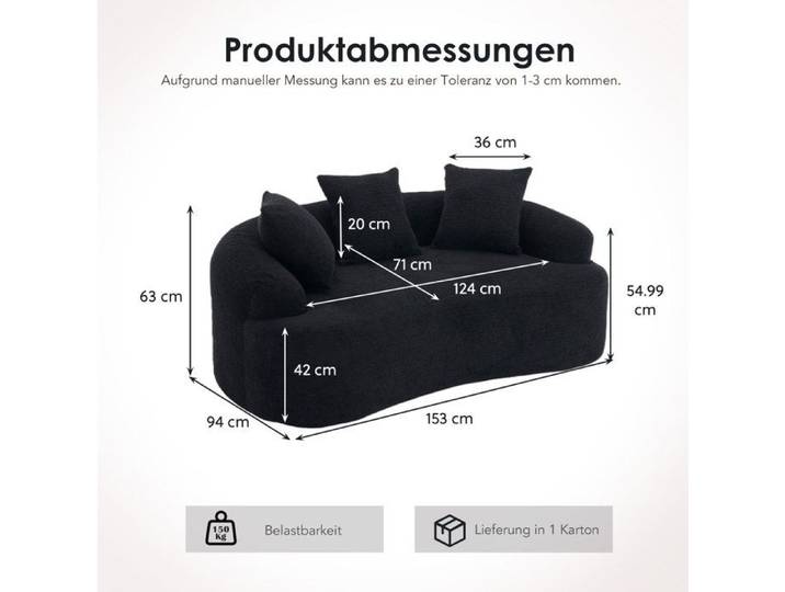 WOVREO Canapé 2 Places Modulable Courbé en Chenille Noir 3 Coussins Décoratifs Sans Montage