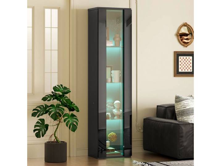 Vitrine Noire 4 Niveaux Colonne Design FloraGrace Pour Salon Ou Bureau LED Reglable Par App 40x29x170cm