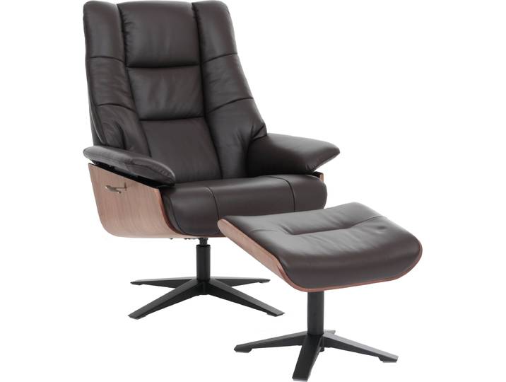 MCA Relaxsessel + Hocker HWC-N57, Fernsehsessel Liegesessel, Holz Echtleder braun