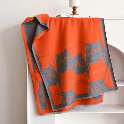 Silver Stone Store Cute Cat Ladies' Jacquard Pashmina Cashmere Scarf, Winter Thick Warm Shawl, Coldproof Windproof Blanket For Warmth orange
