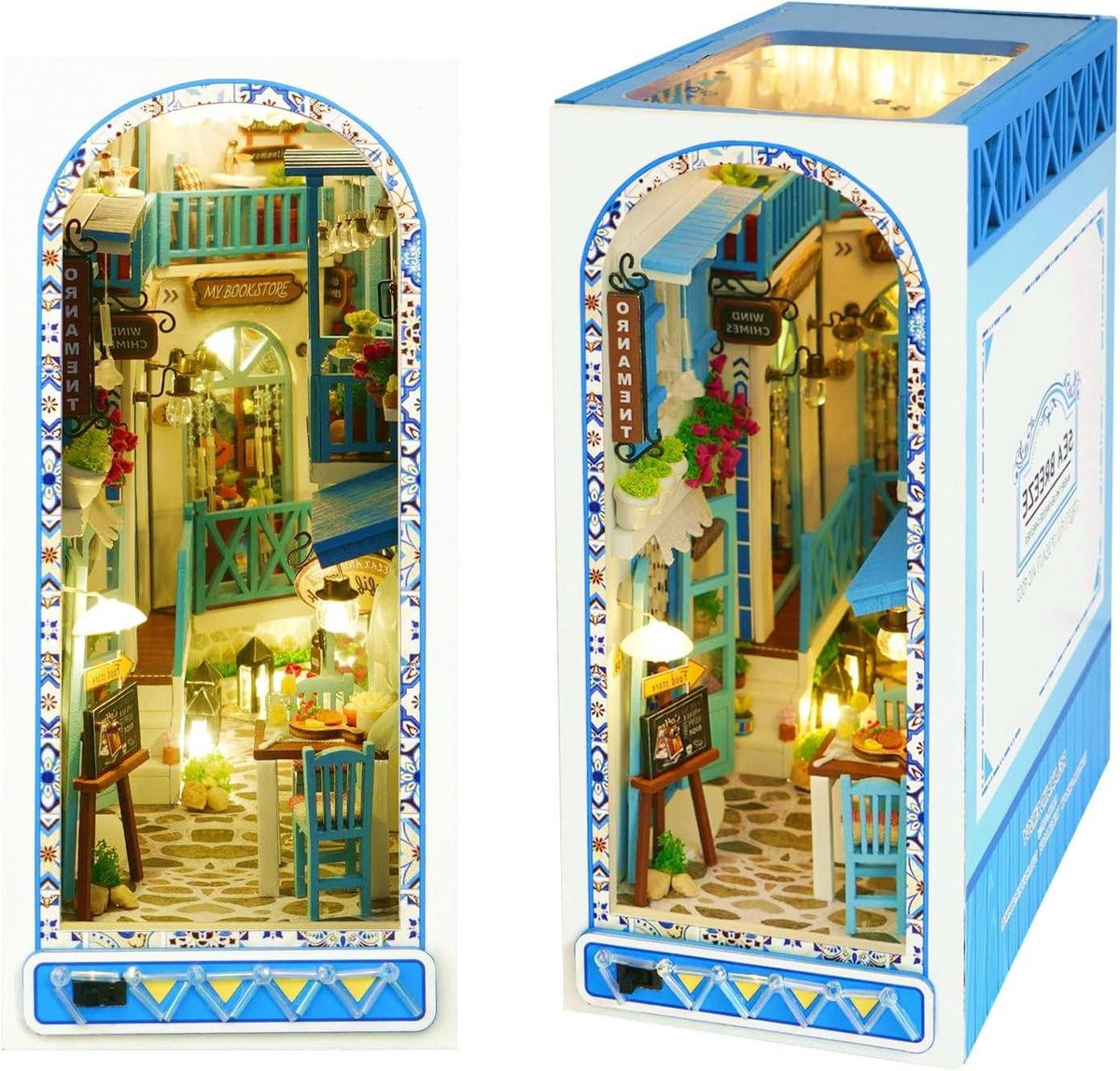 Boekensteun Houten Huisje Blauw met LED Verlichting