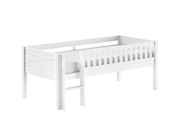 möbelando Kinderbett >Scott< Kojen-Spielbett Liegefläche 90x200 cm, inkl. Leiter und Rolllattenrost, Kiefer massiv weiß lackiert, Stellfläche ca. B: 208 x T: 104,7 cm. Die Höhe ist ca. 83 cm