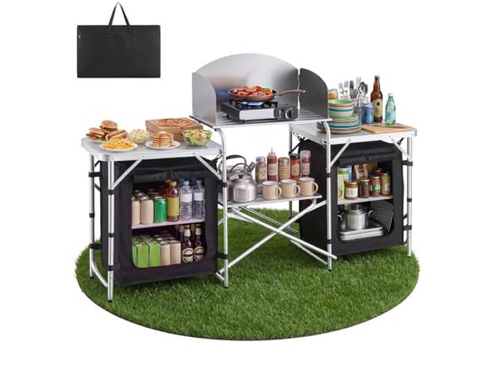 VEVOR Cuisine de Camping Pliable Table de Camping avec Rangement Portable\, pour Barbecue\, Pique Nique\, Voyage\, en Aluminium Léger\, avec Tables Latérales\, Pare-Vent Amovible et Sac de Transport