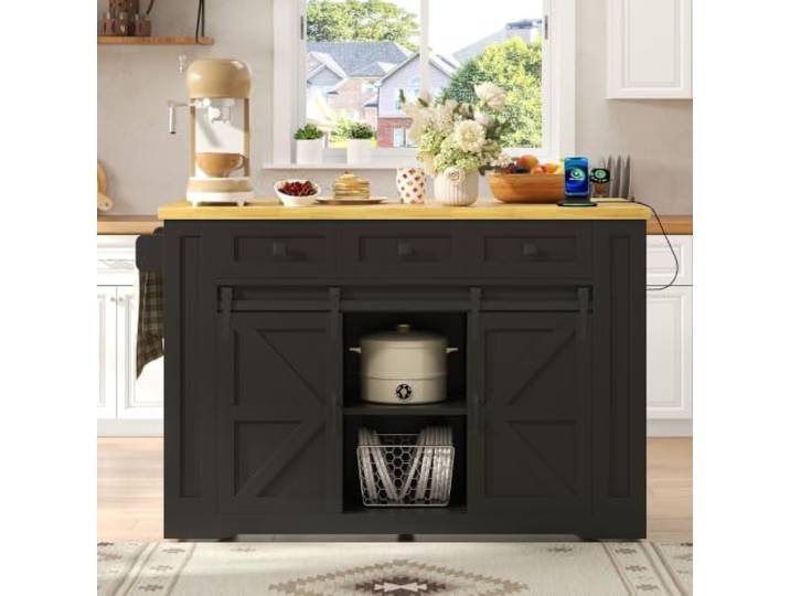 Merax Küchenwagen mit Klappbarer Arbeitsplatte, Kücheninsel mit Rollen & Steckdose, Sideboard mit Schiebetüren & 3 Stufigem Regal im Scheunentor-Design, Küche & Esszimmer, 50(80) x130x87cm, Schwarz