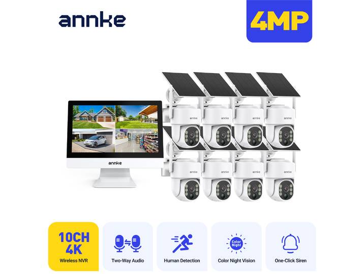 Annke 4MP caméras de sécurité solaires 10CH 12 pouces LCD 2.4G 5.8G PTZ wifi caméras de sécurité PIR couleur vision nocturne caméra sécurité wifi