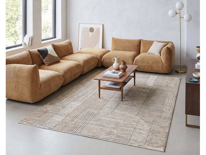 Teppich ESPRIT Raymond , beige (beige grau), B:160cm H:15mm L:230cm, Oberfläche: 100% Polyester, Teppiche, Teppich, Kurzflor, Streifendesign, Hoch-Tief-Effekt, waschbar, Jute-Rücken