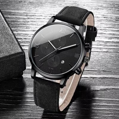 Inspired Finds Men's Casual Leather Quartz Calendar Watch Set black