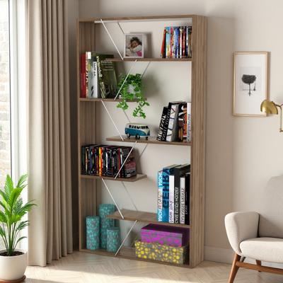 ZWYO HOSIMU "62"" 6-Shelf Wood Frame Etagere Bookcase in White/Chrome, Open Back Design, Industrial Style & Large Display Organizer for Office"