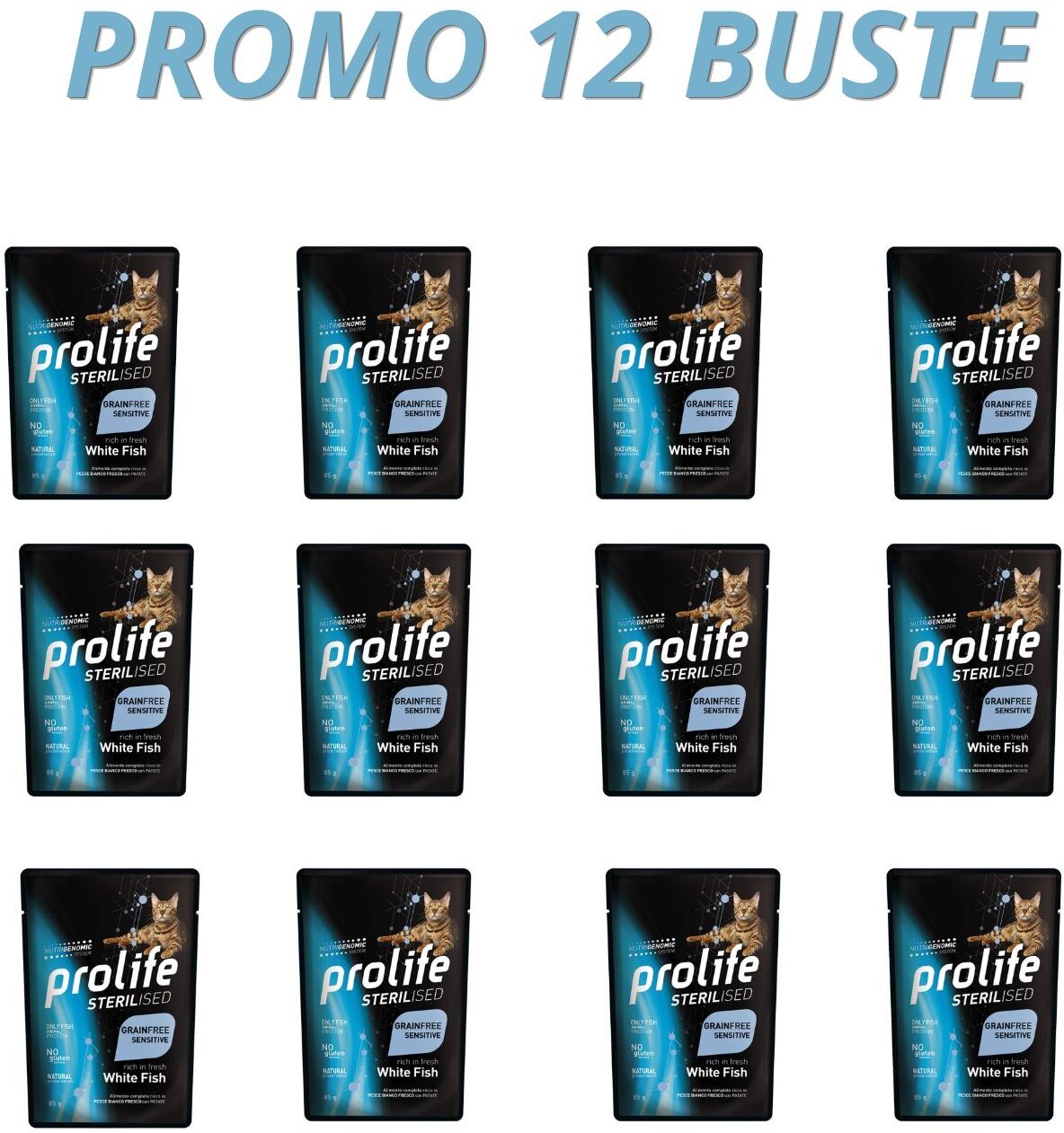 Prolife® 12 x 85 g Prolife Cat Sterilised Grain Free Adult Pesce Bianco Umido per Gatti