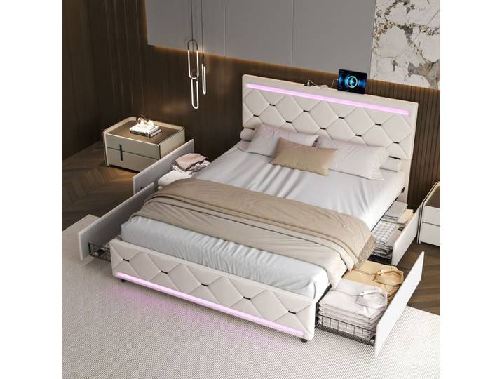 Lit 160x200cm - DREAMMESPACE - 4 Tiroirs - LED Intégrée - Velours Blanc Cassé - Design Élégant
