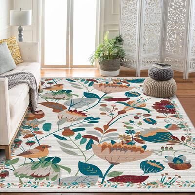Garvee Floral Bird Area Rugs, Jungle Washable Vintage Carpet for Living Room Nursery Farmhouse