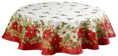 Violet Linen Blossom Christmas Poinsettia & Holly Berry Tablecloth
