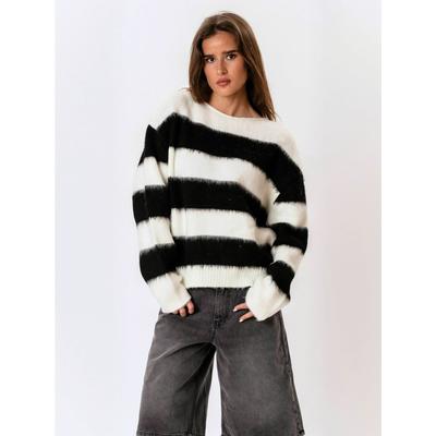 Rundhalspullover ITS MAY "ITS MAY Sweater Striped", Damen, Gr. M/L, schwarz-weiß (weiß, schwarz), Obermaterial: 20% Polyamid, 70% Polyacryl, 10% Elasthan, Pullover Rundhalspullover